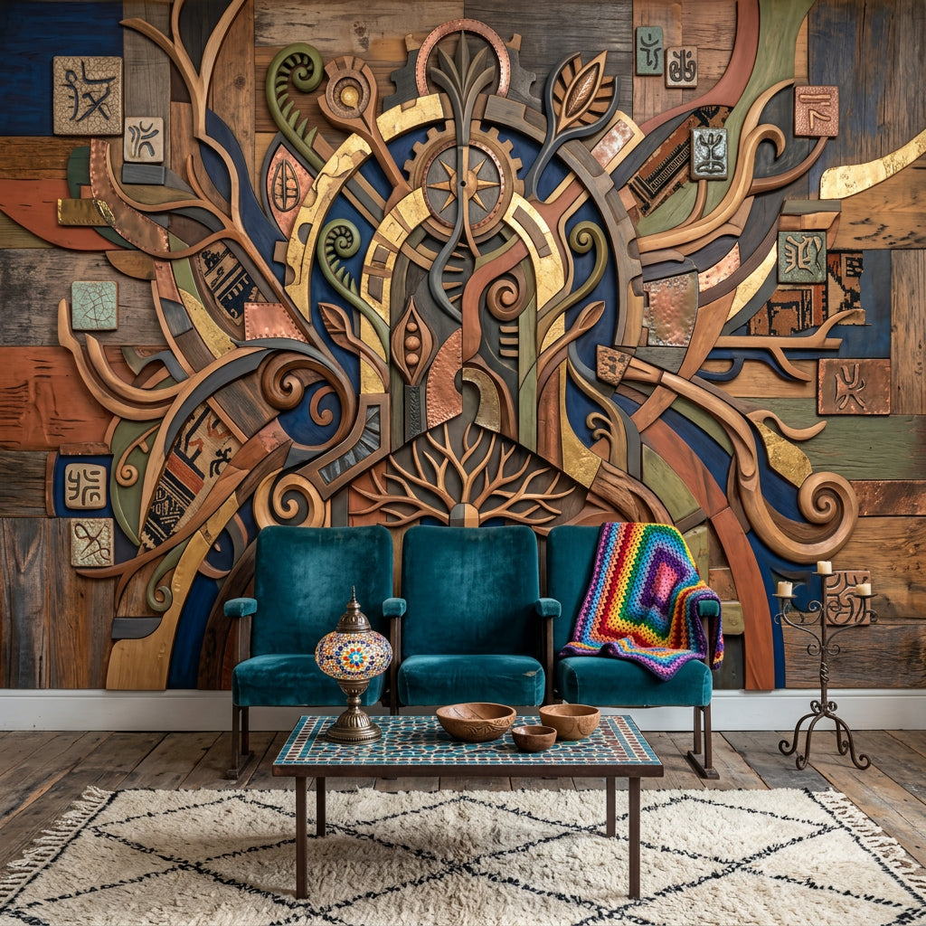 Etnik Mandala Poster Duvar Kağıdı Ahşap Görünümlü Bohem Salon