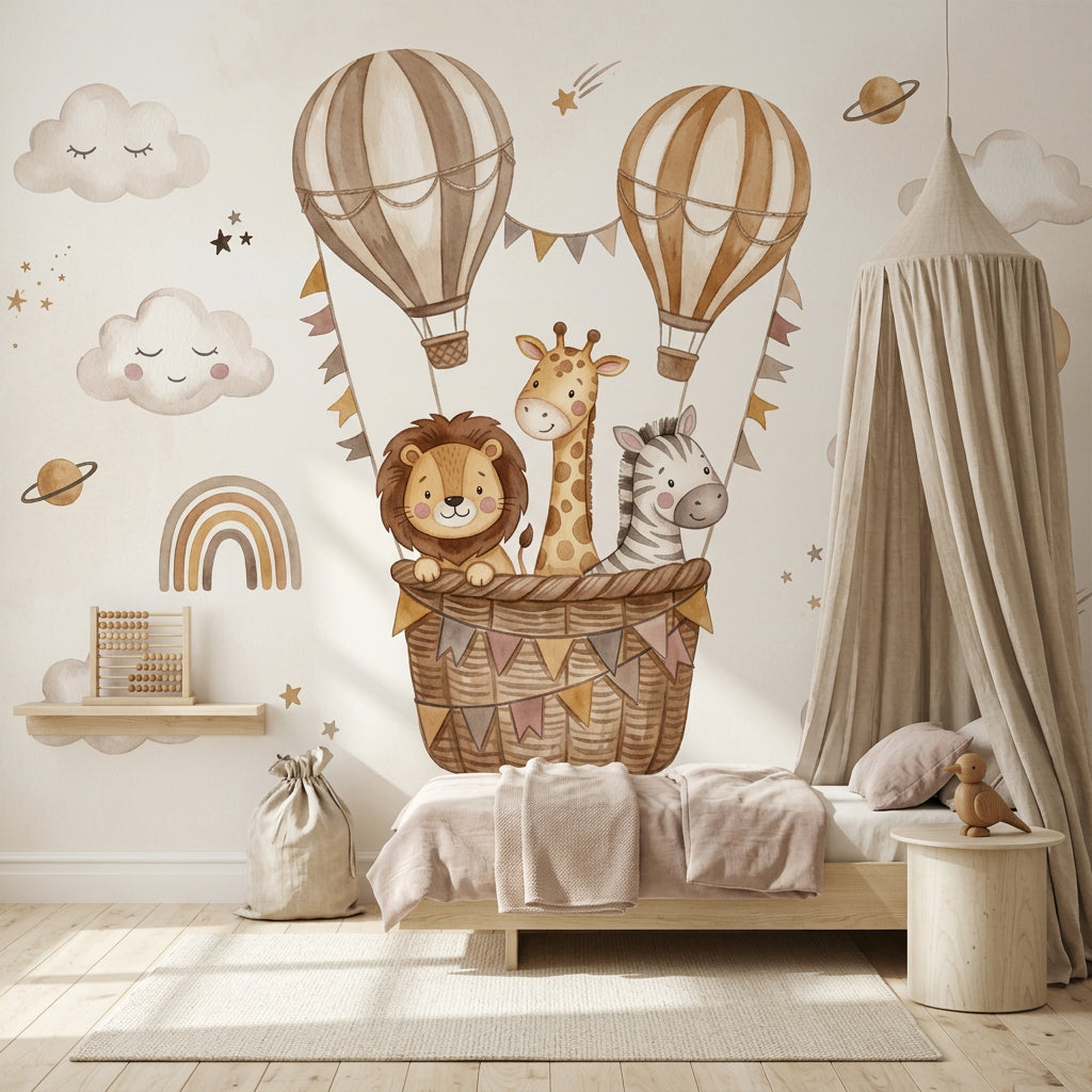 Balonlu Safari Hayvanları Poster Duvar Kağıdı Bej Çocuk Odası
