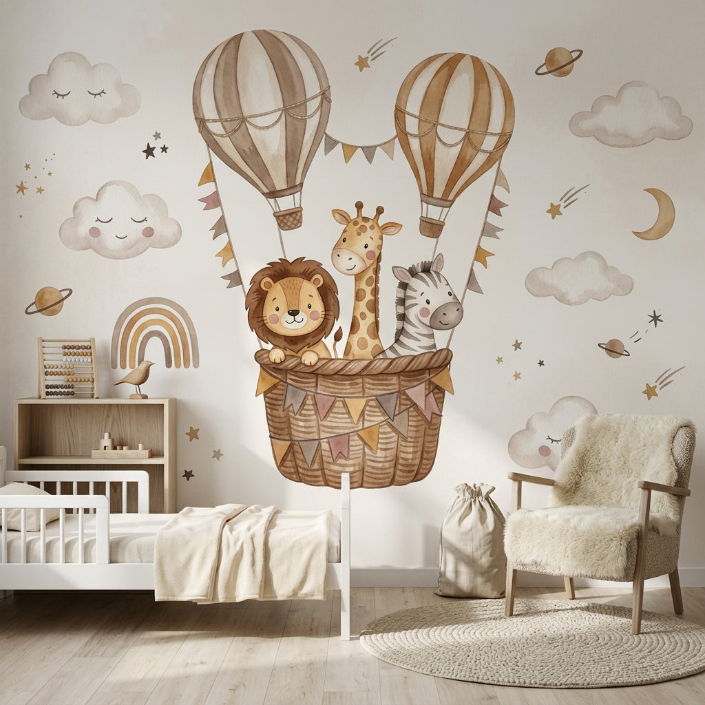 Balonlu Safari Hayvanları Poster Duvar Kağıdı Bej Çocuk Odası