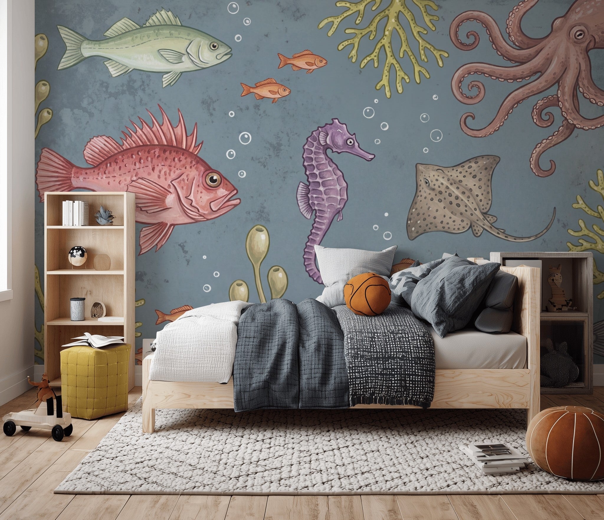 Deniz Canlıları Poster Duvar Kağıdı Mavi Çocuk Odası Desenli