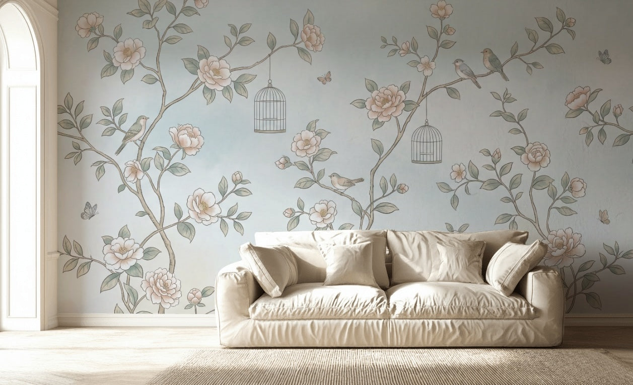 Çiçekli Tavuskuşu Poster Duvar Kağıdı Pastel Mavi Salon
