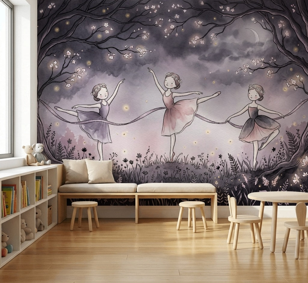 Balerinli Poster Duvar Kağıdı Mor Gece Temalı Çocuk Odası