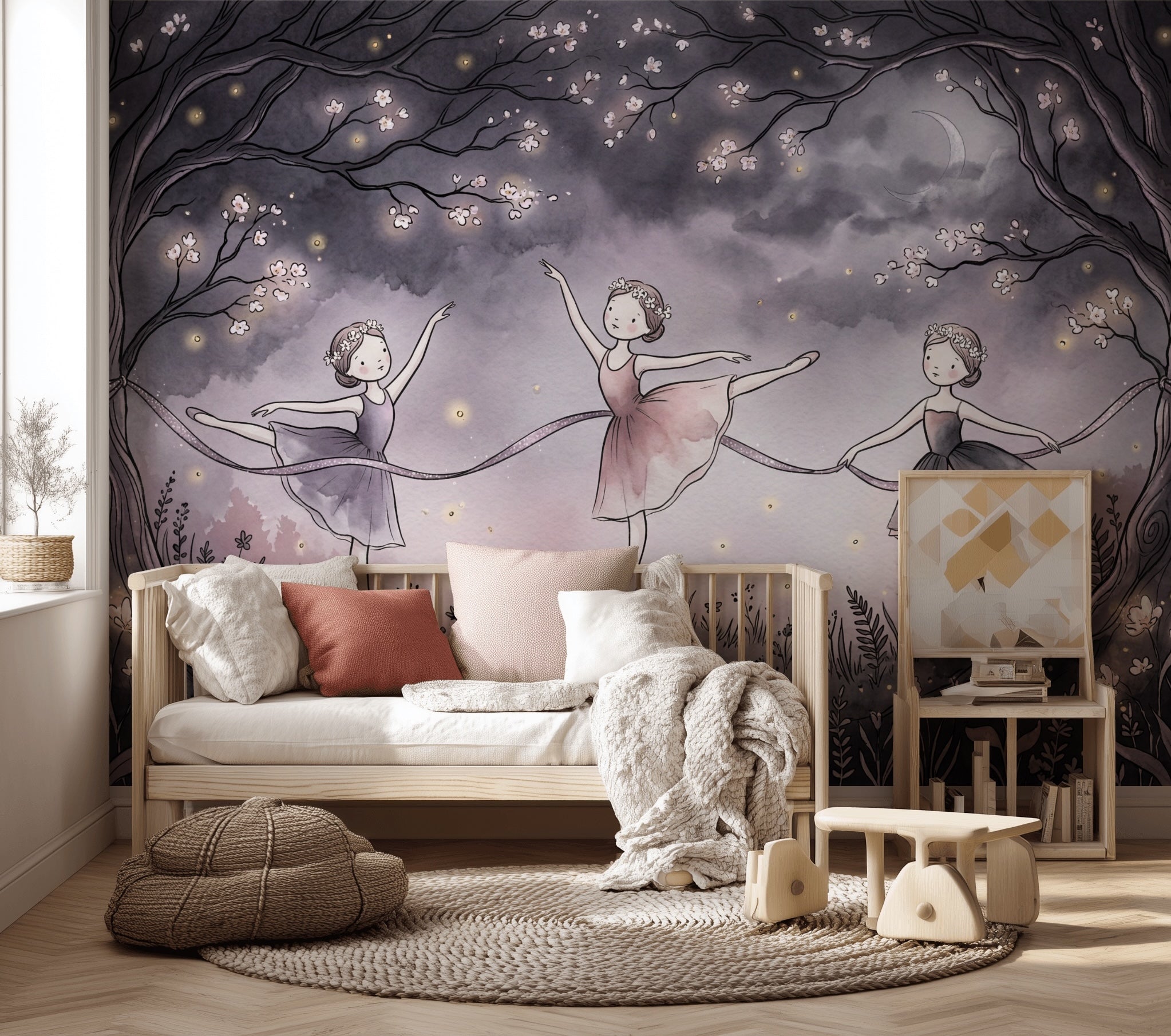 Balerinli Poster Duvar Kağıdı Mor Gece Temalı Çocuk Odası