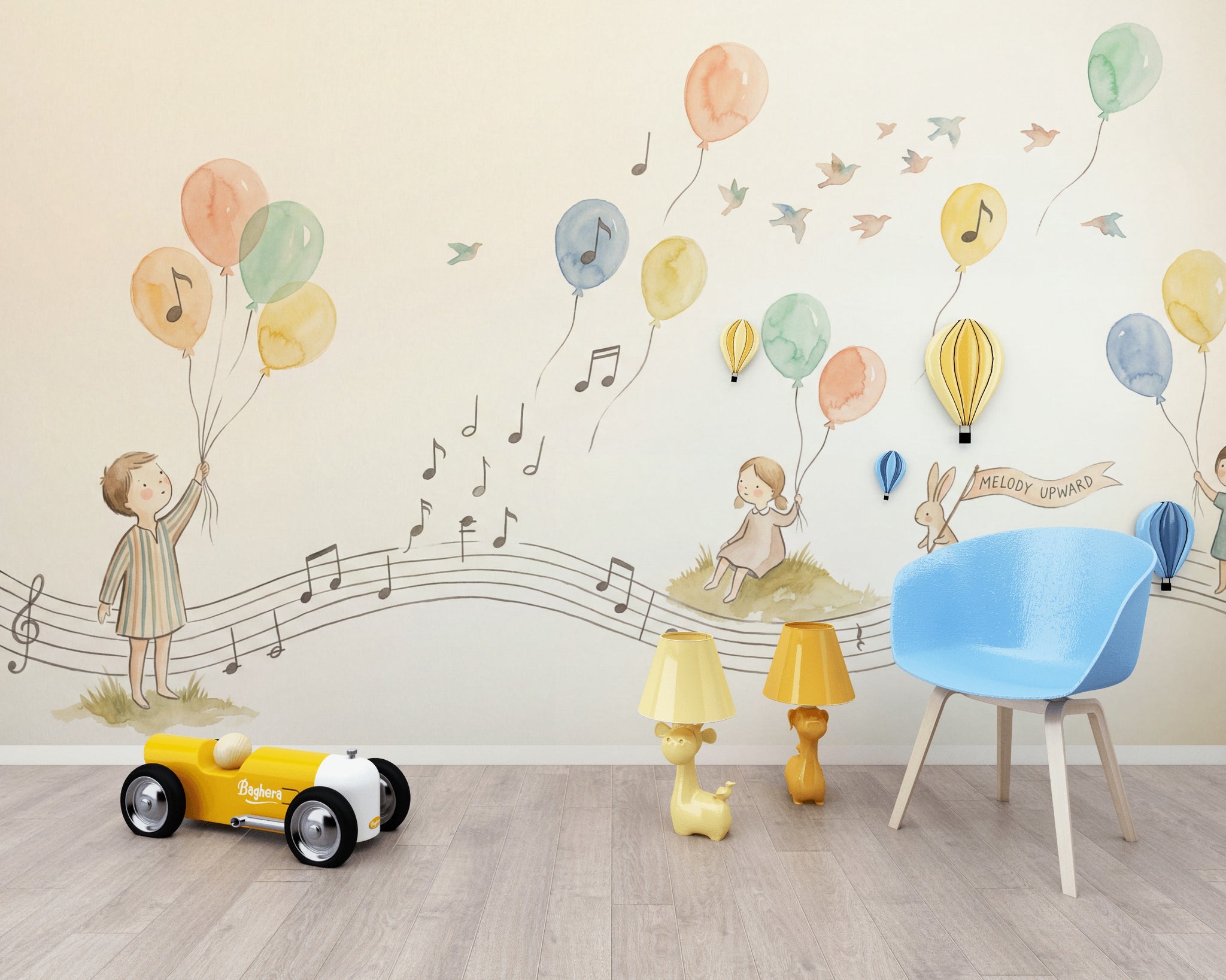 Balonlu Müzik Notalı Poster Duvar Kağıdı Pastel Çocuk Odası