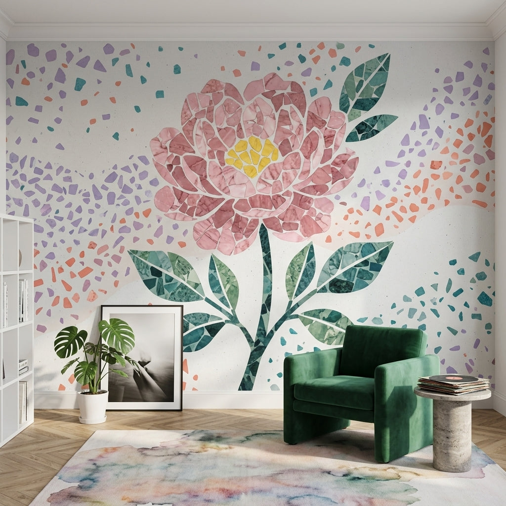 Mozaik Çiçek Poster Duvar Kağıdı Pembe Yeşil Salon