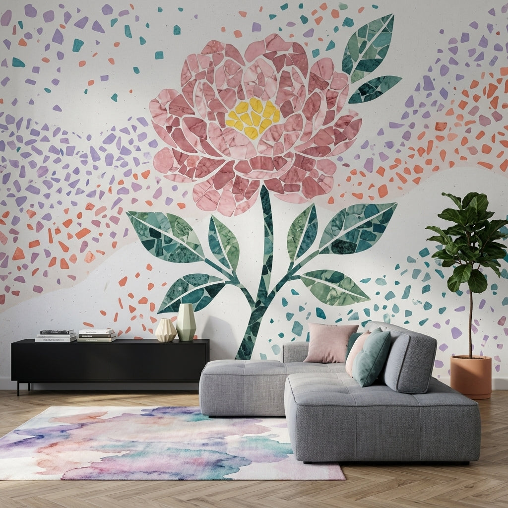 Mozaik Çiçek Poster Duvar Kağıdı Pembe Yeşil Salon