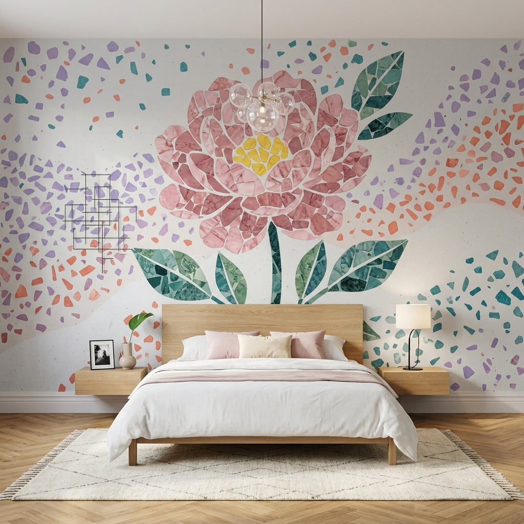 Mozaik Çiçek Poster Duvar Kağıdı Pembe Yeşil Salon