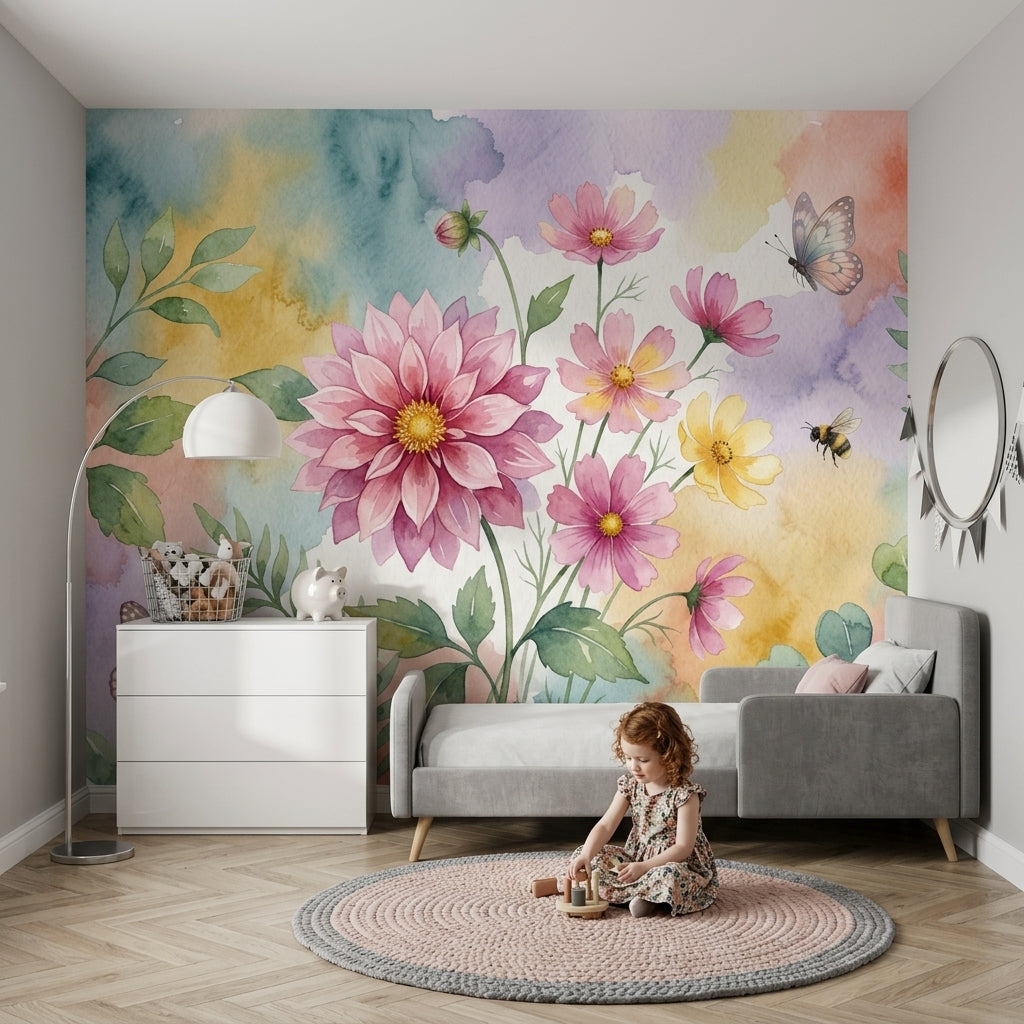 Suluboya Çiçekli Poster Duvar Kağıdı Pastel Renkli Genç Odası