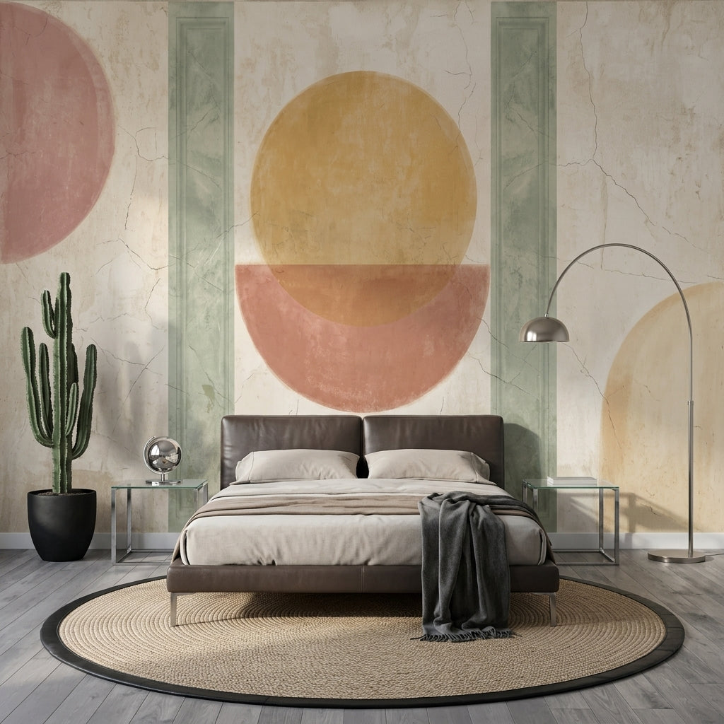 Geometrik Daireli Poster Duvar Kağıdı Bej Pastel Yatak Odası