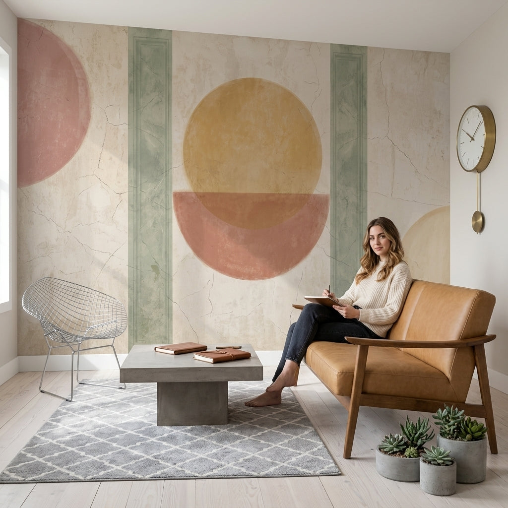 Geometrik Daireli Poster Duvar Kağıdı Bej Pastel Yatak Odası