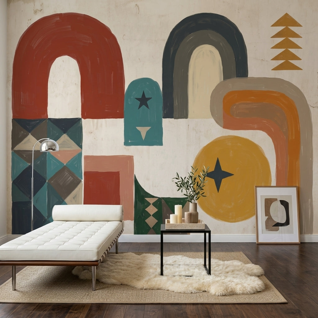 Soyut Geometrik Poster Duvar Kağıdı Renkli Kemer Desenli Salon