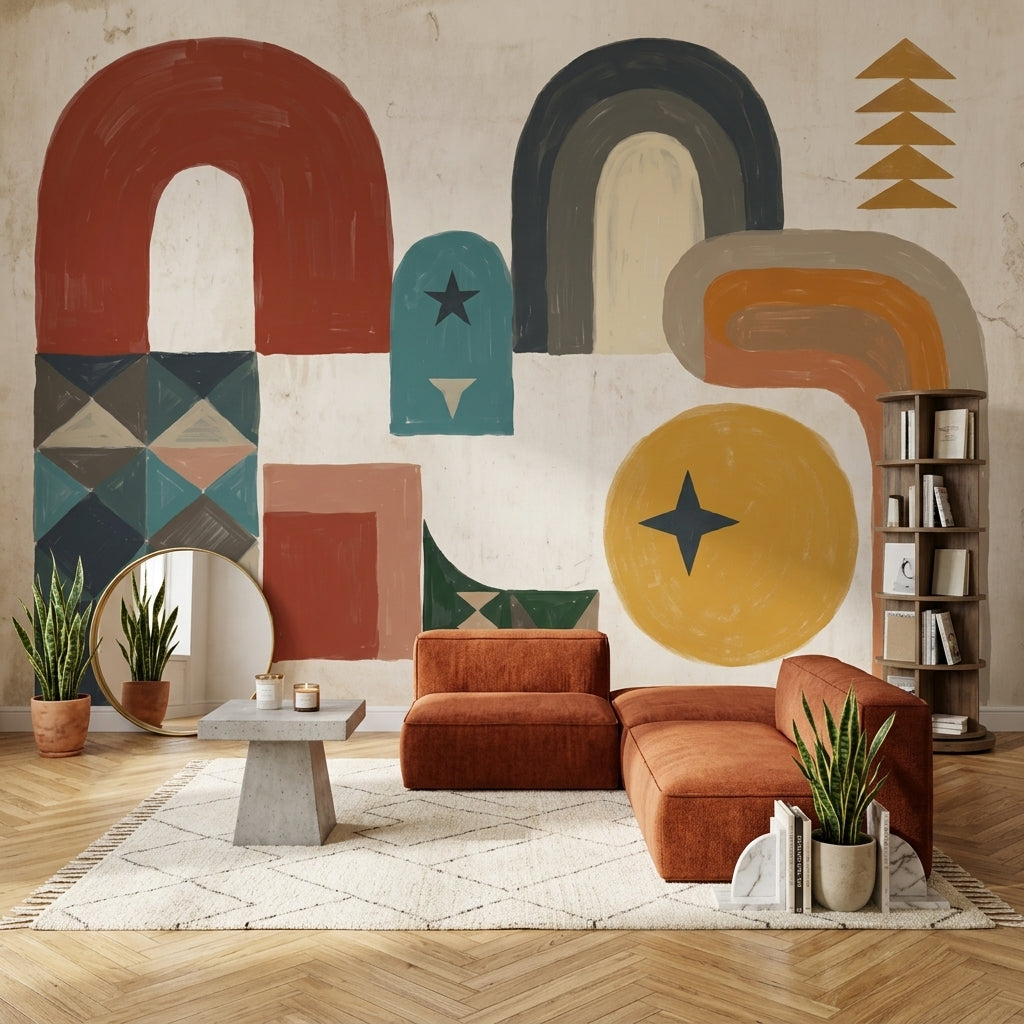Soyut Geometrik Poster Duvar Kağıdı Renkli Kemer Desenli Salon
