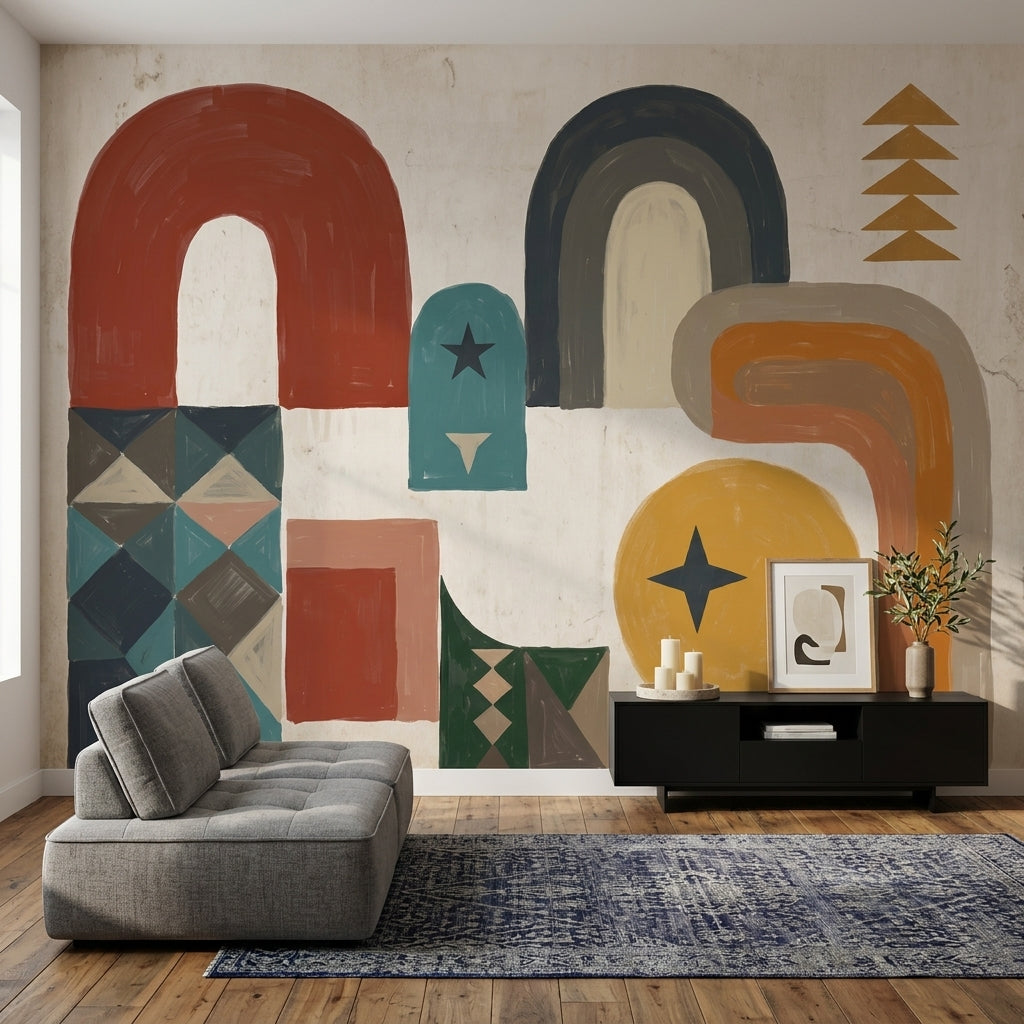 Soyut Geometrik Poster Duvar Kağıdı Renkli Kemer Desenli Salon