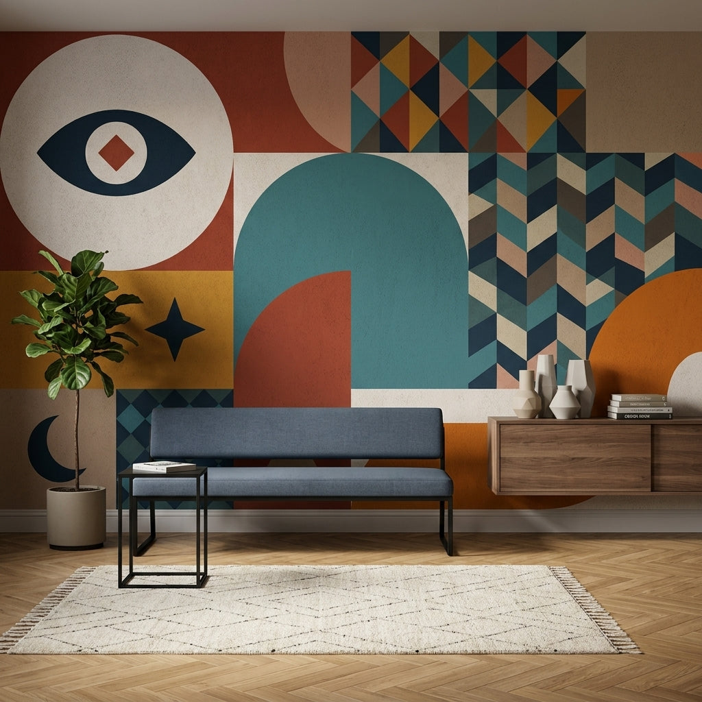 Geometrik Desenli Poster Duvar Kağıdı Retro Renkli Salon