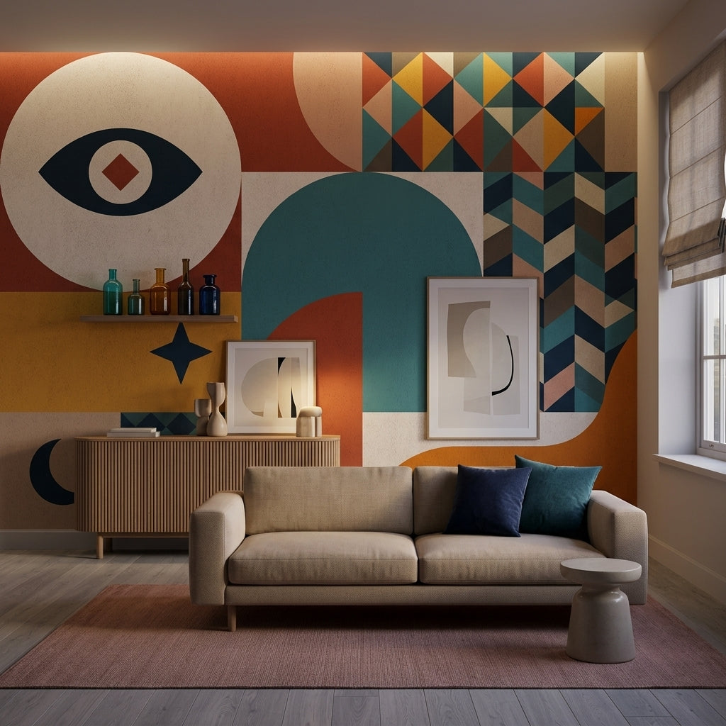 Geometrik Desenli Poster Duvar Kağıdı Retro Renkli Salon