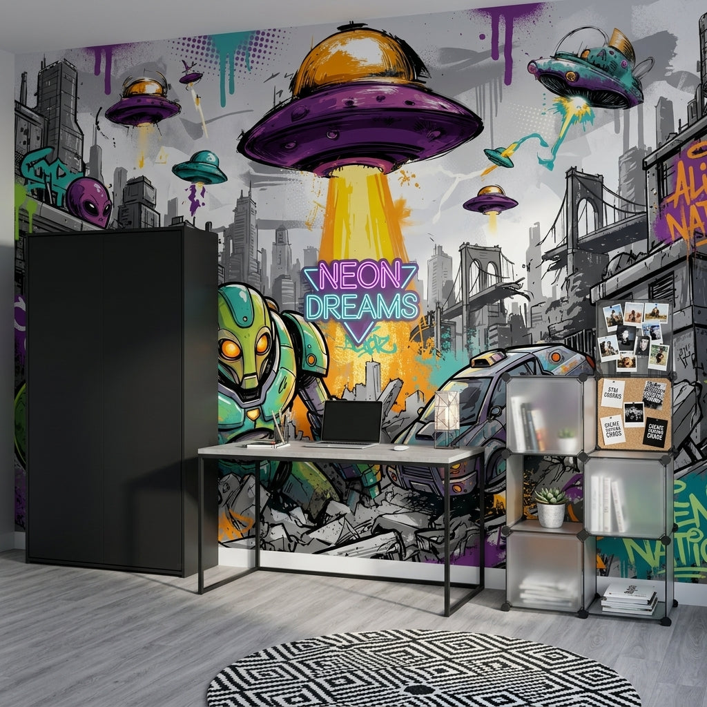 Uzaylı ve Robot Graffiti Poster Duvar Kağıdı Mor Yeşil