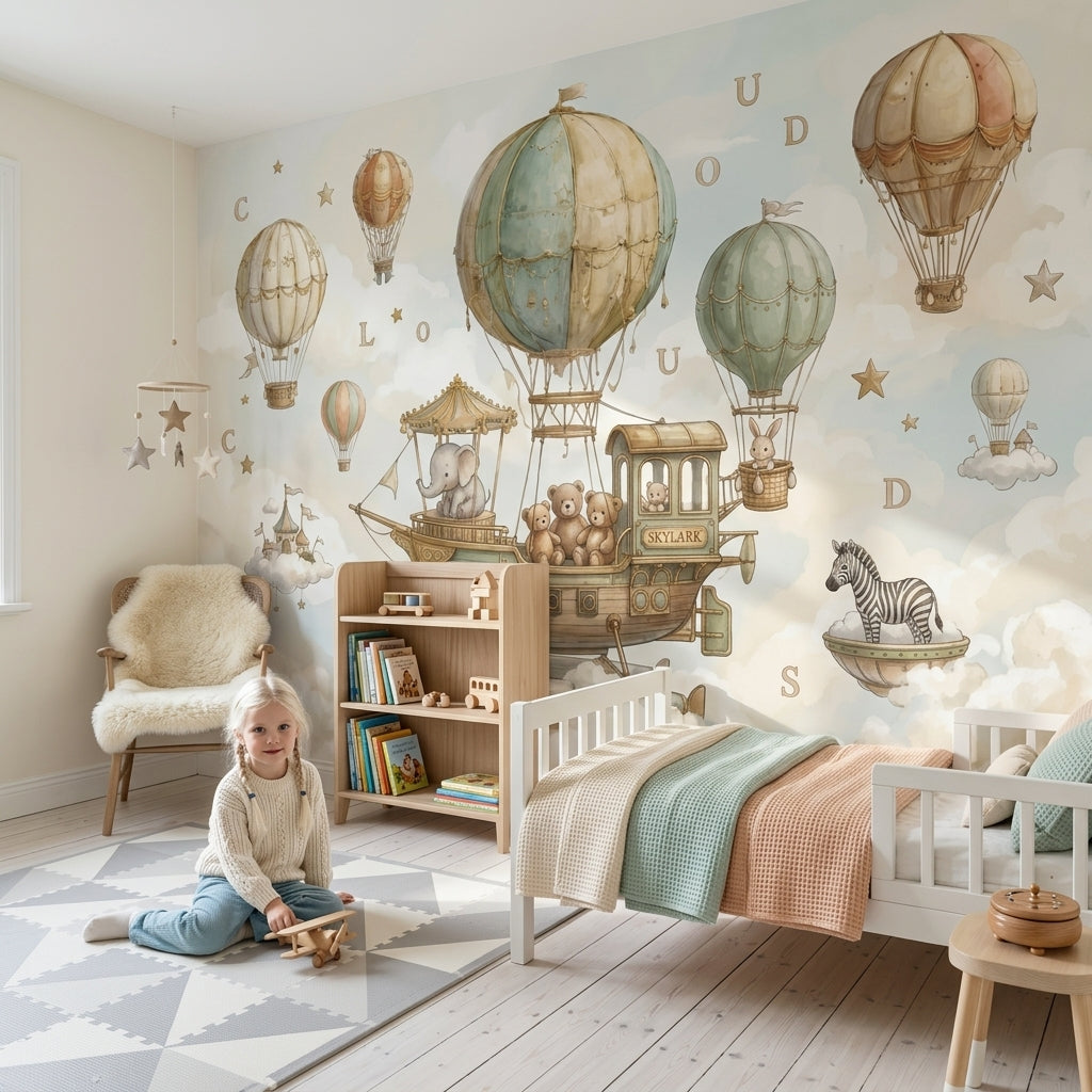 Balon ve Hayvanlı Poster Duvar Kağıdı Pastel Çocuk Odası