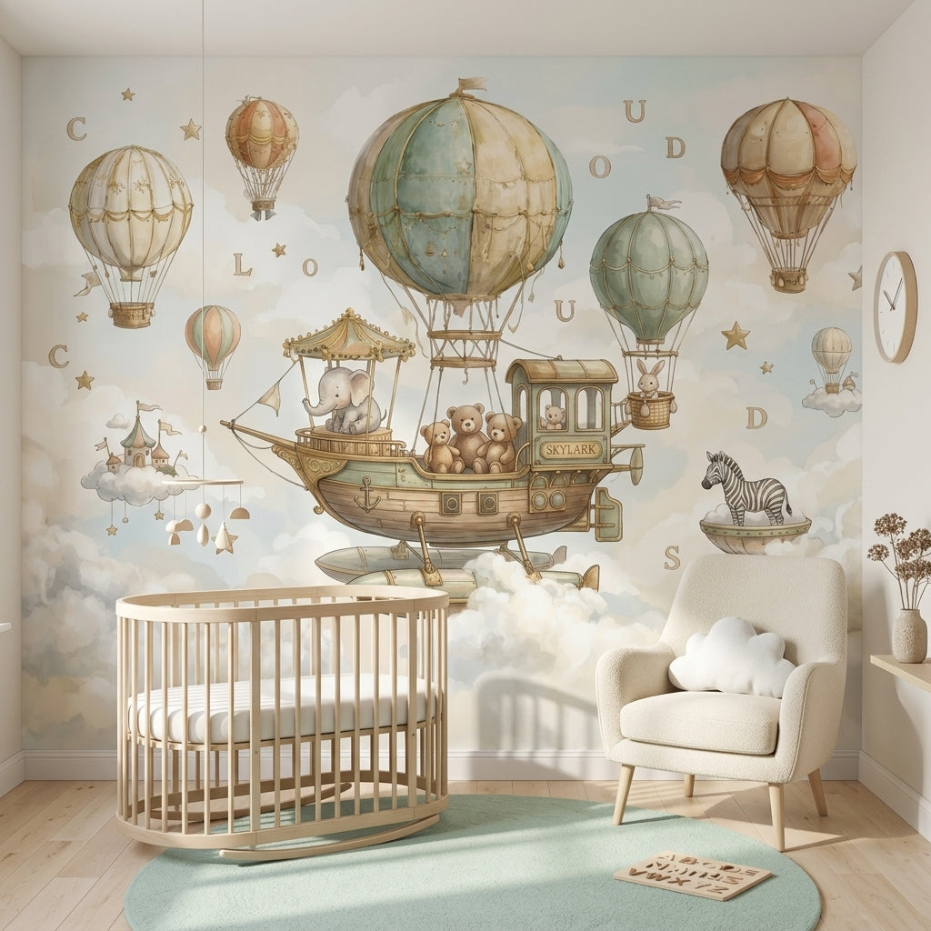 Balon ve Hayvanlı Poster Duvar Kağıdı Pastel Çocuk Odası