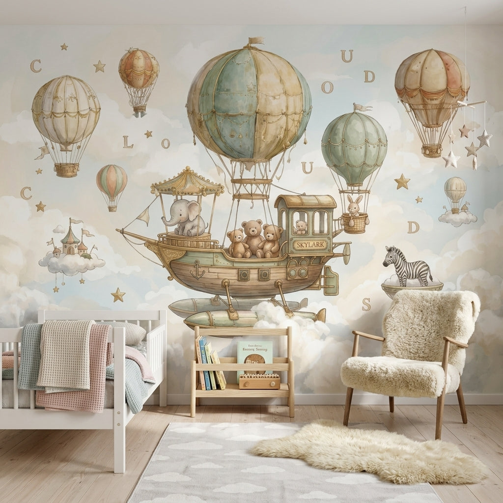 Balon ve Hayvanlı Poster Duvar Kağıdı Pastel Çocuk Odası