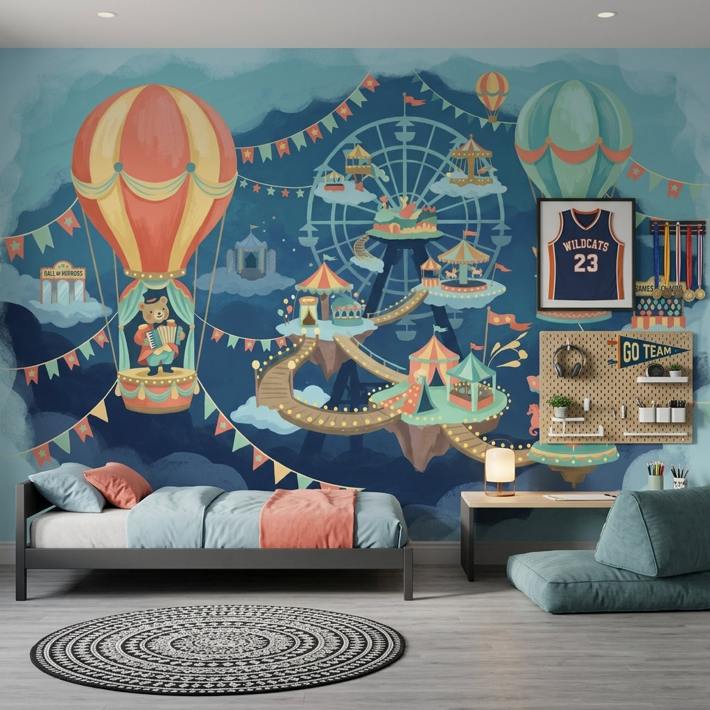 Lunapark Balonlu Poster Duvar Kağıdı Çocuk Odası Mavi