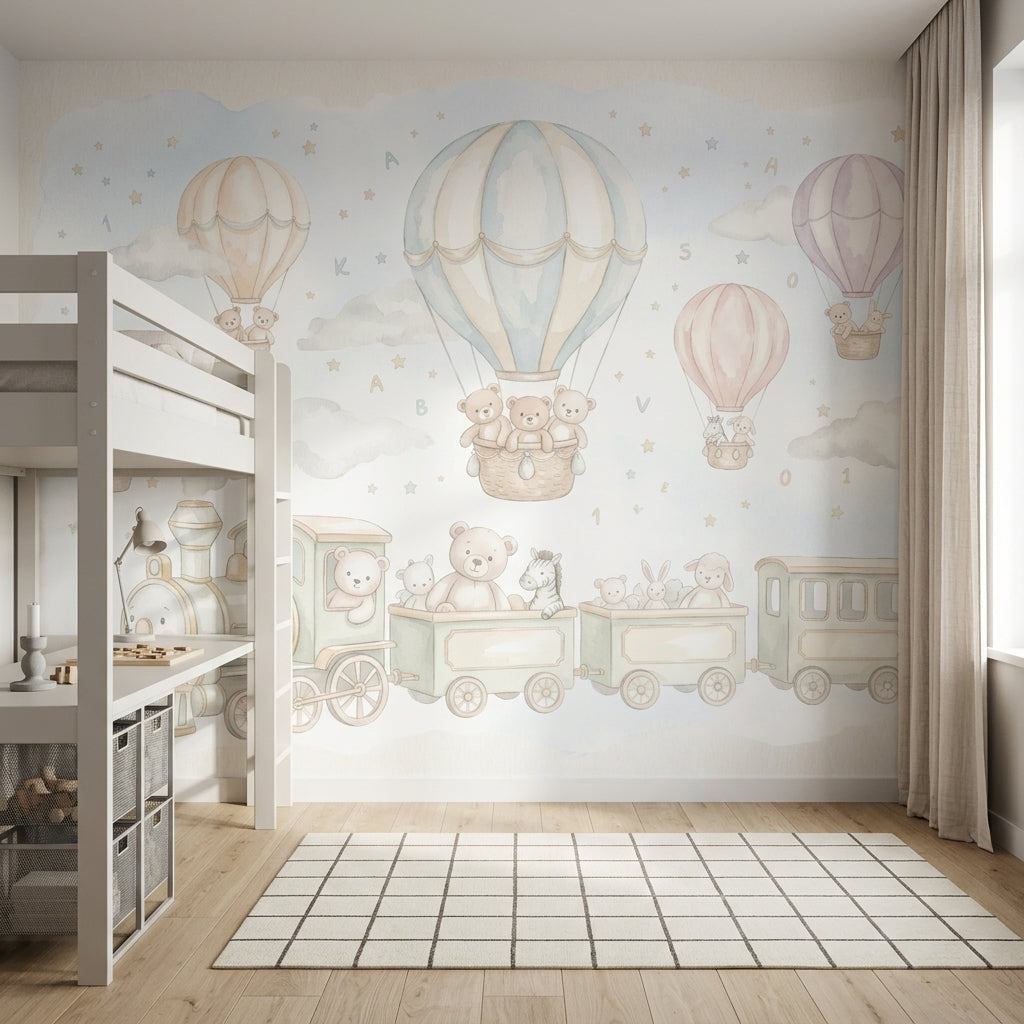 Balon ve Trenli Poster Duvar Kağıdı Pastel Çocuk Odası