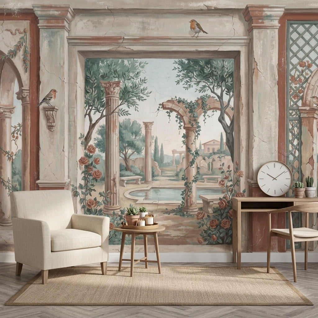 Antik Bahçe Manzaralı Poster Duvar Kağıdı Klasik Salon Dekoru