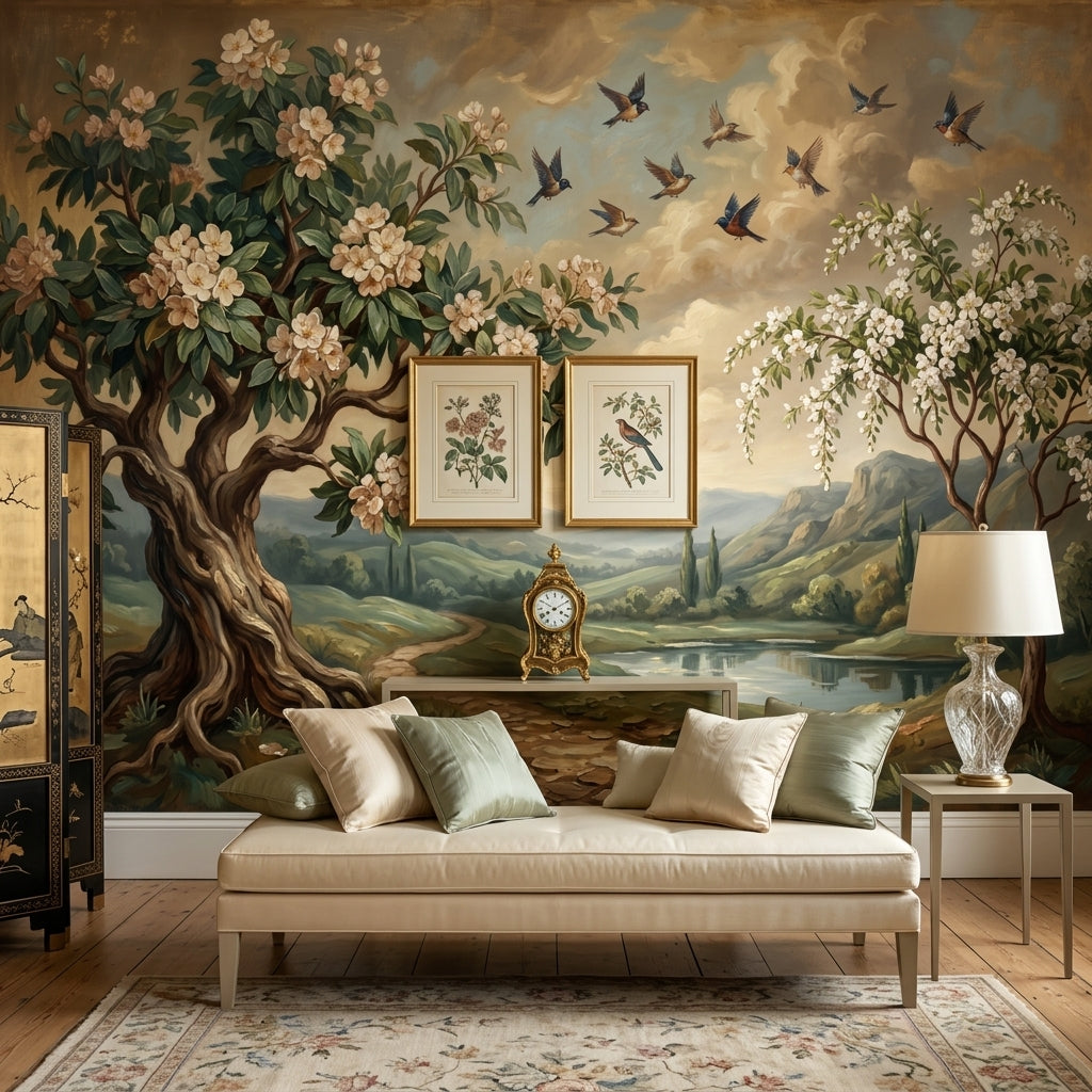 Çiçekli Ağaç ve Kuşlar Poster Duvar Kağıdı Klasik Salon