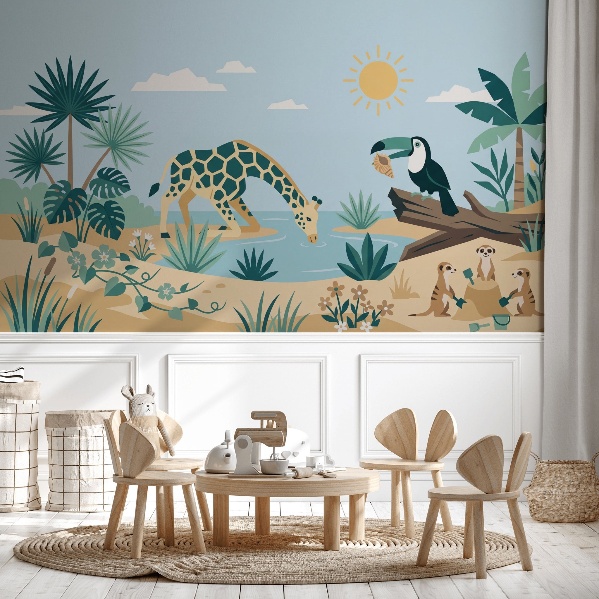 Safari Hayvanlı Poster Duvar Kağıdı Pastel Çocuk Odası Duvar Muralı