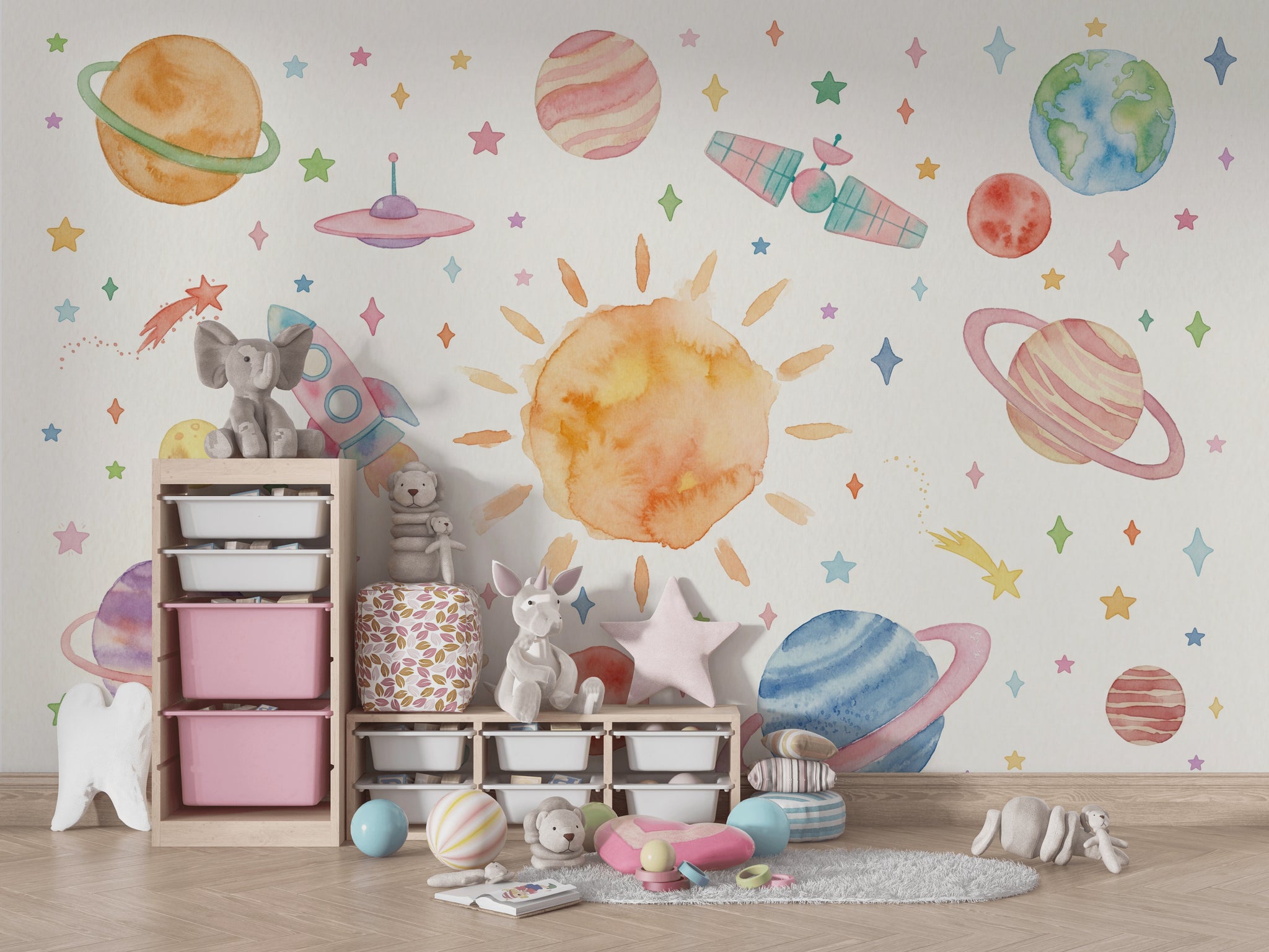 Uzay Temalı Poster Duvar Kağıdı Pastel Çocuk Odası Desenli