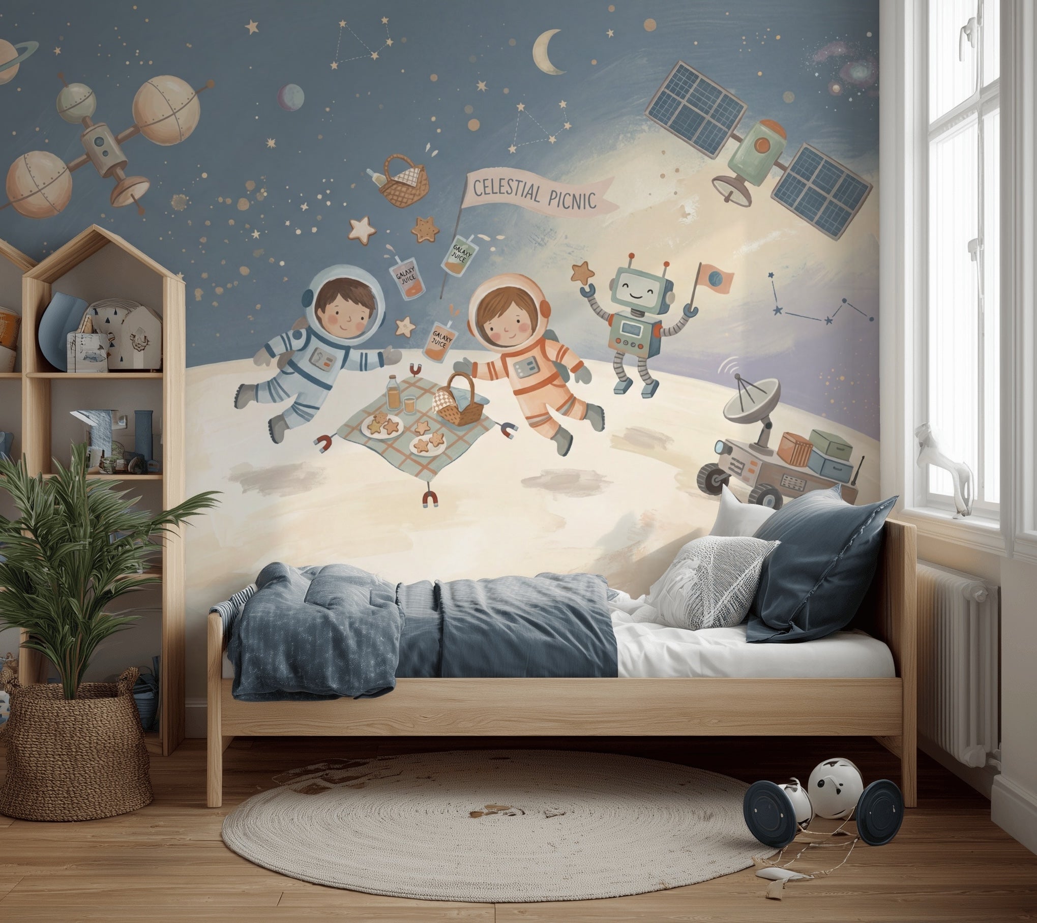 Astronotlu Uzay Temalı Poster Duvar Kağıdı Çocuk Odası Lacivert