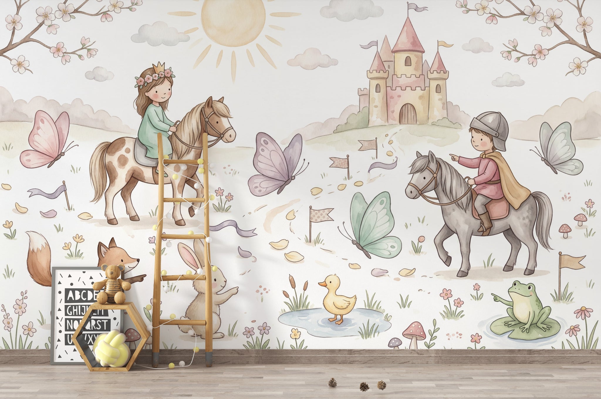 Masal Şatosu ve Atlı Çocuklar Poster Duvar Kağıdı Pastel