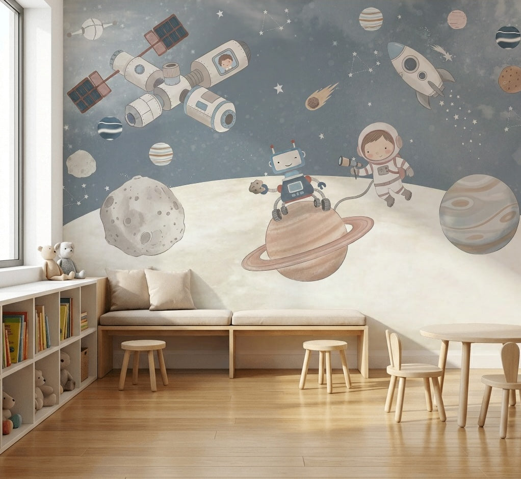 Uzay Temalı Poster Duvar Kağıdı Astronotlu Çocuk Odası Lacivert
