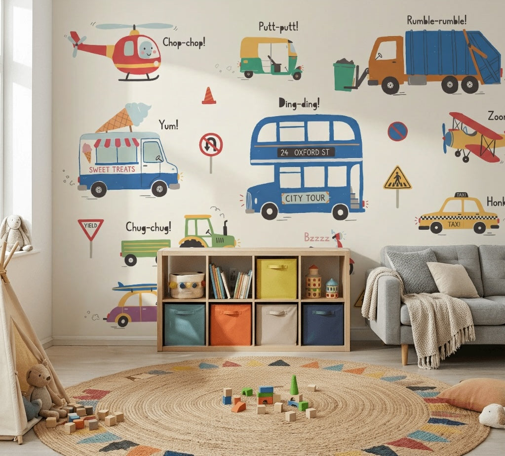 Araçlı Poster Duvar Kağıdı Renkli Çocuk Odası Desenli