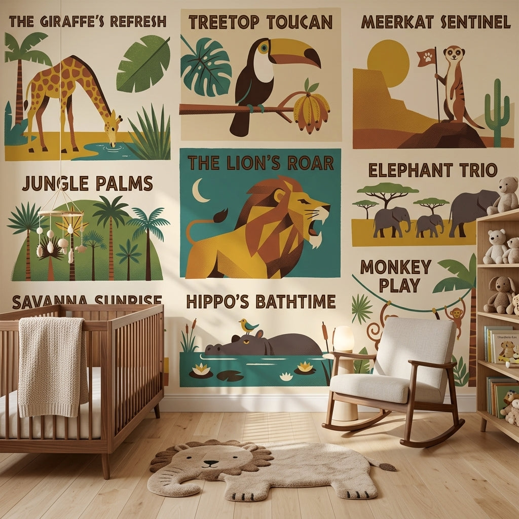 Safari Hayvanları Poster Duvar Kağıdı Çocuk Odası Retro Çizim