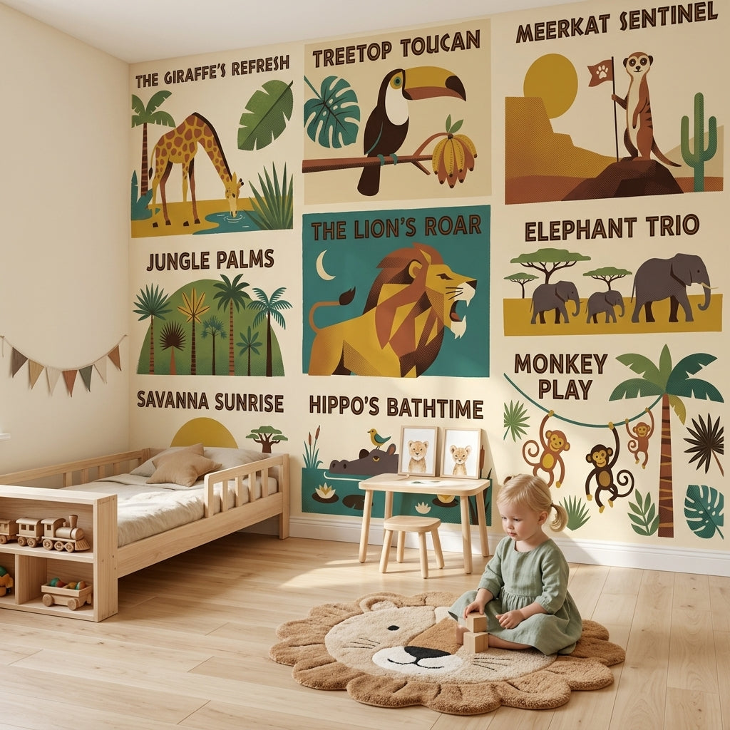Safari Hayvanları Poster Duvar Kağıdı Çocuk Odası Retro Çizim