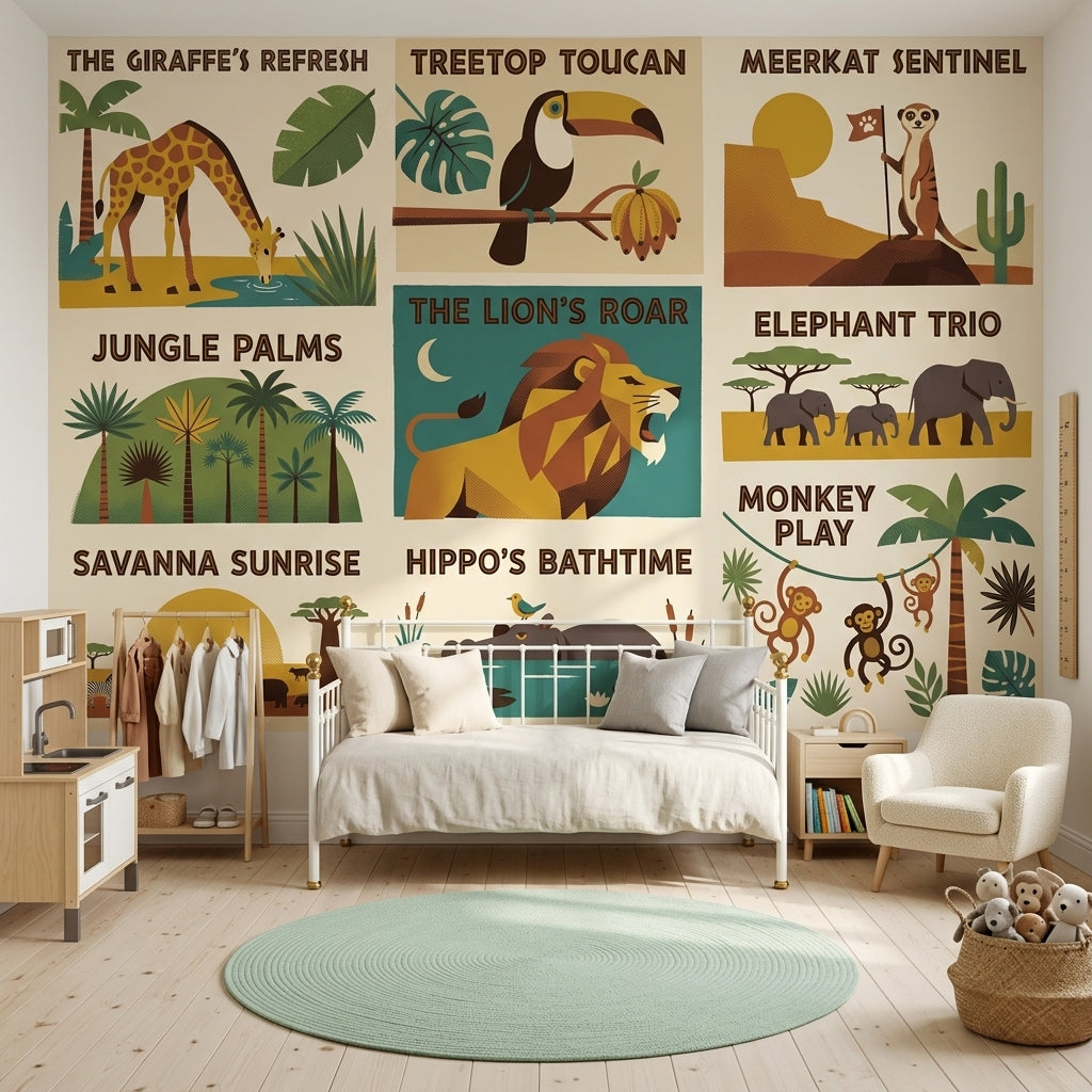 Safari Hayvanları Poster Duvar Kağıdı Çocuk Odası Retro Çizim