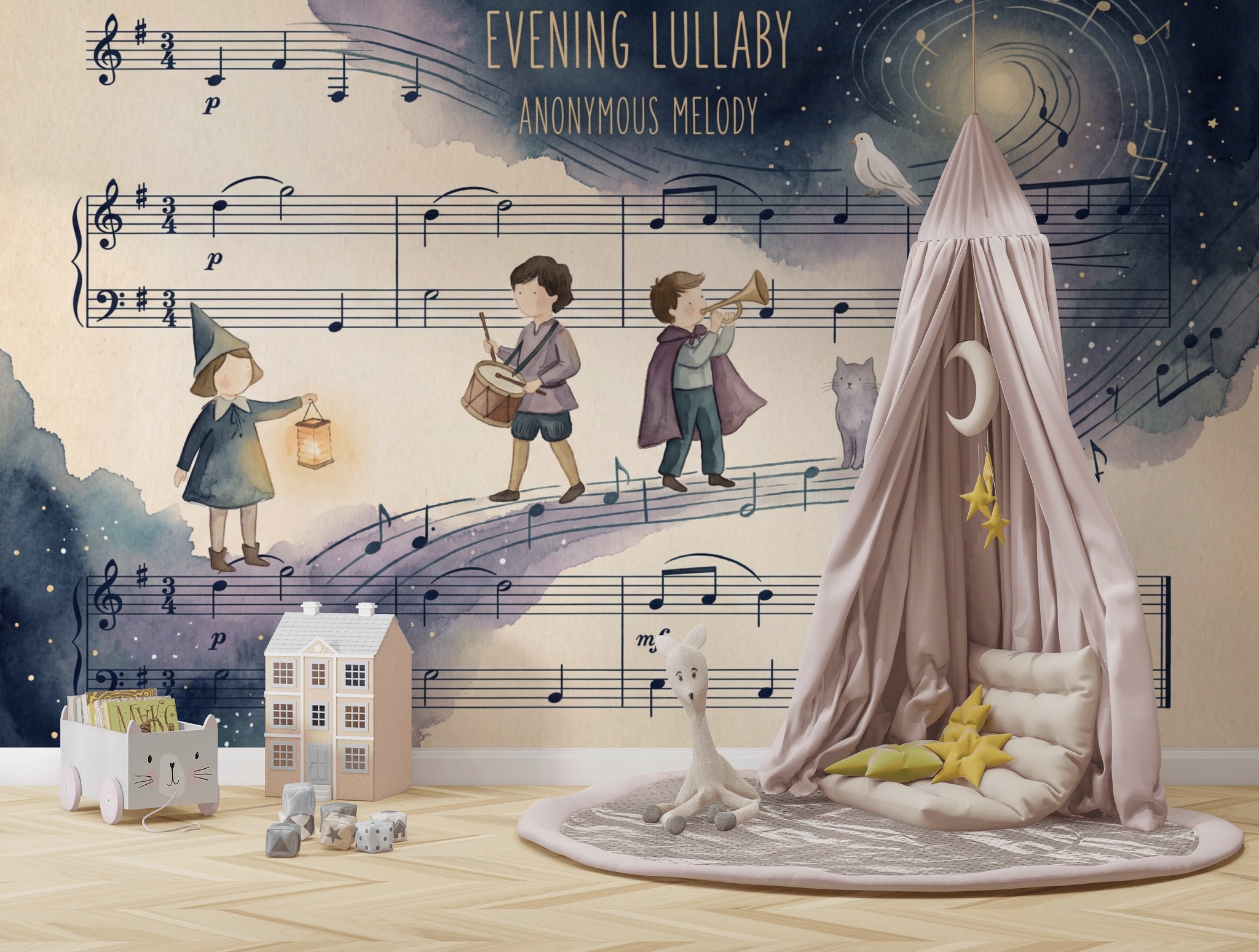 Müzik Notası ve Çocuk Figürlü Poster Duvar Kağıdı Lacivert