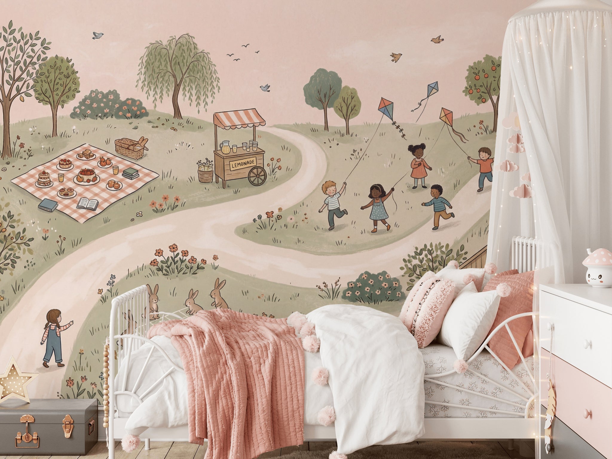 Parkta Uçurtmalı Çocuklar Poster Duvar Kağıdı Pastel Çocuk Odası