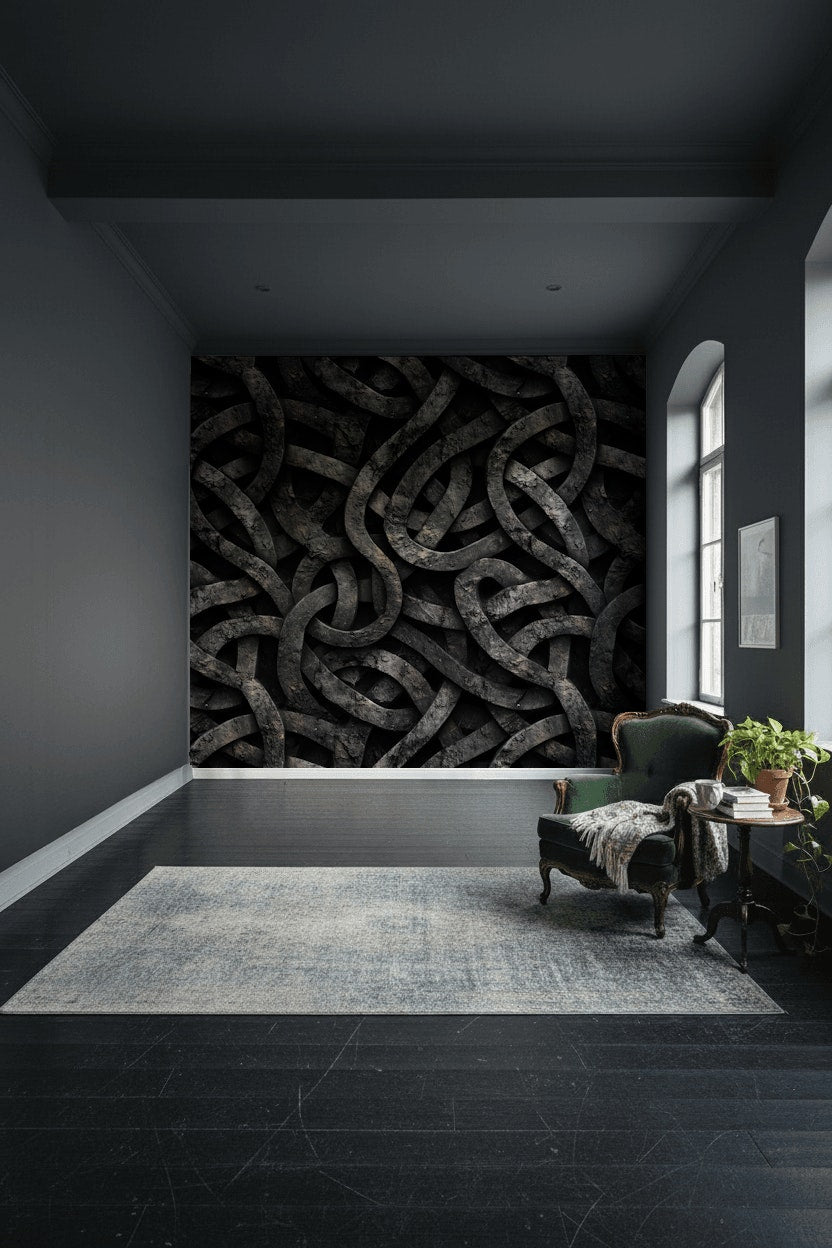 Düğümlü Geometrik Duvar Kağıdı Siyah Bronz Modern Salon