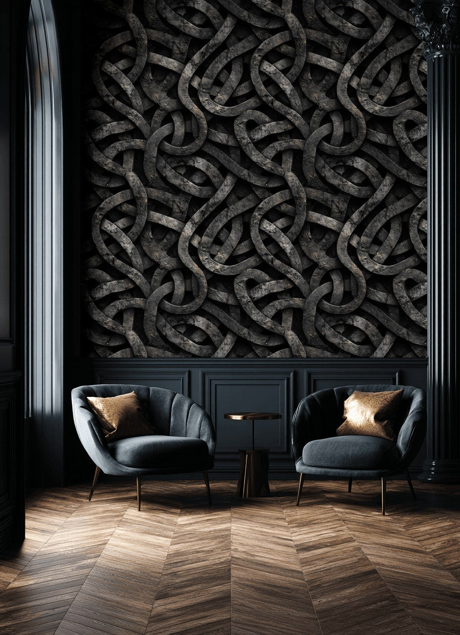 Düğümlü Geometrik Duvar Kağıdı Siyah Bronz Modern Salon