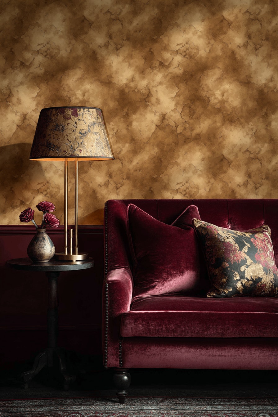 Bulut Desenli Duvar Kağıdı Kahverengi Vintage Salon Dekoru