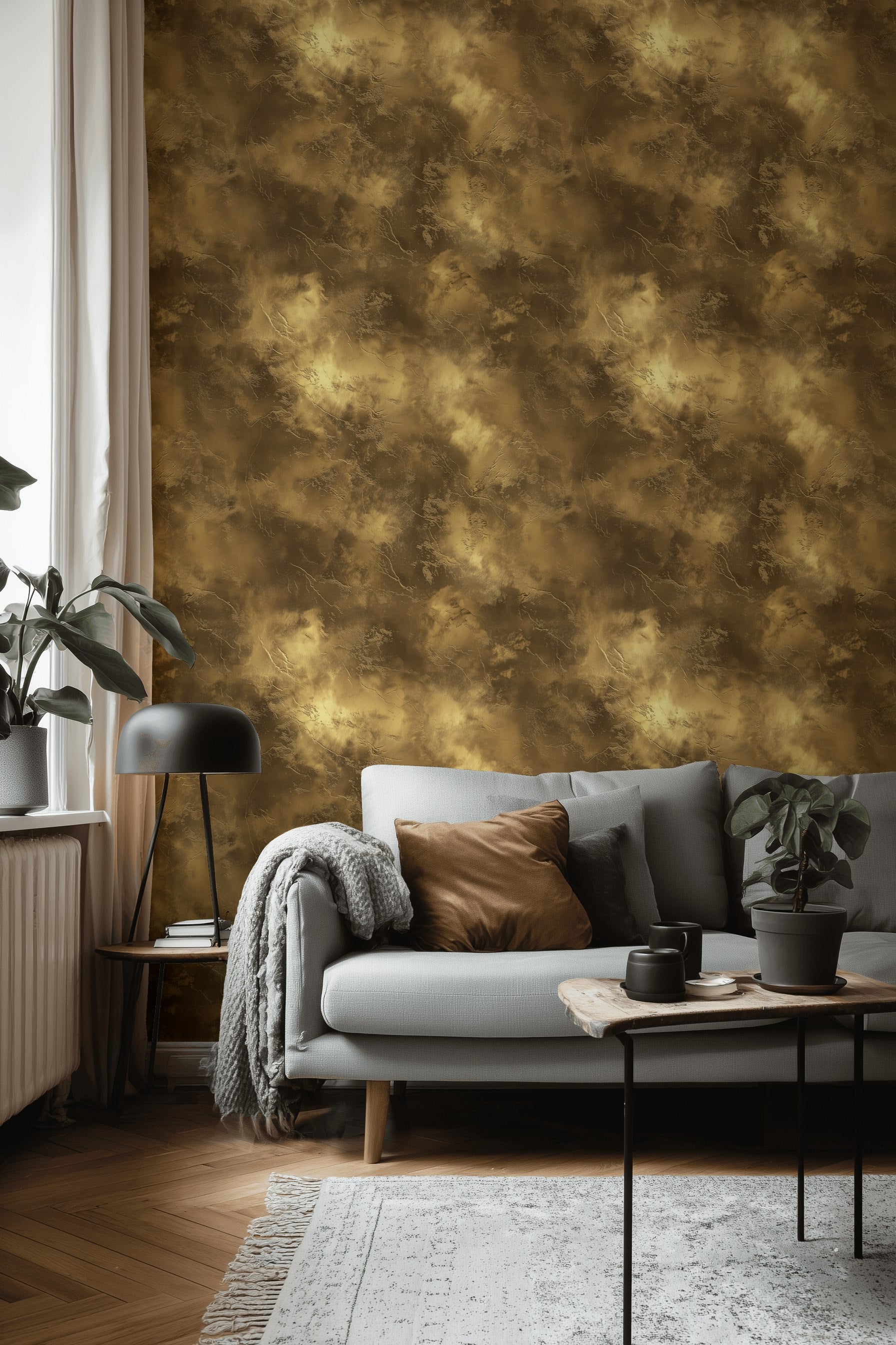 Altın Kahverengi Bulut Desenli Duvar Kağıdı Modern Salon