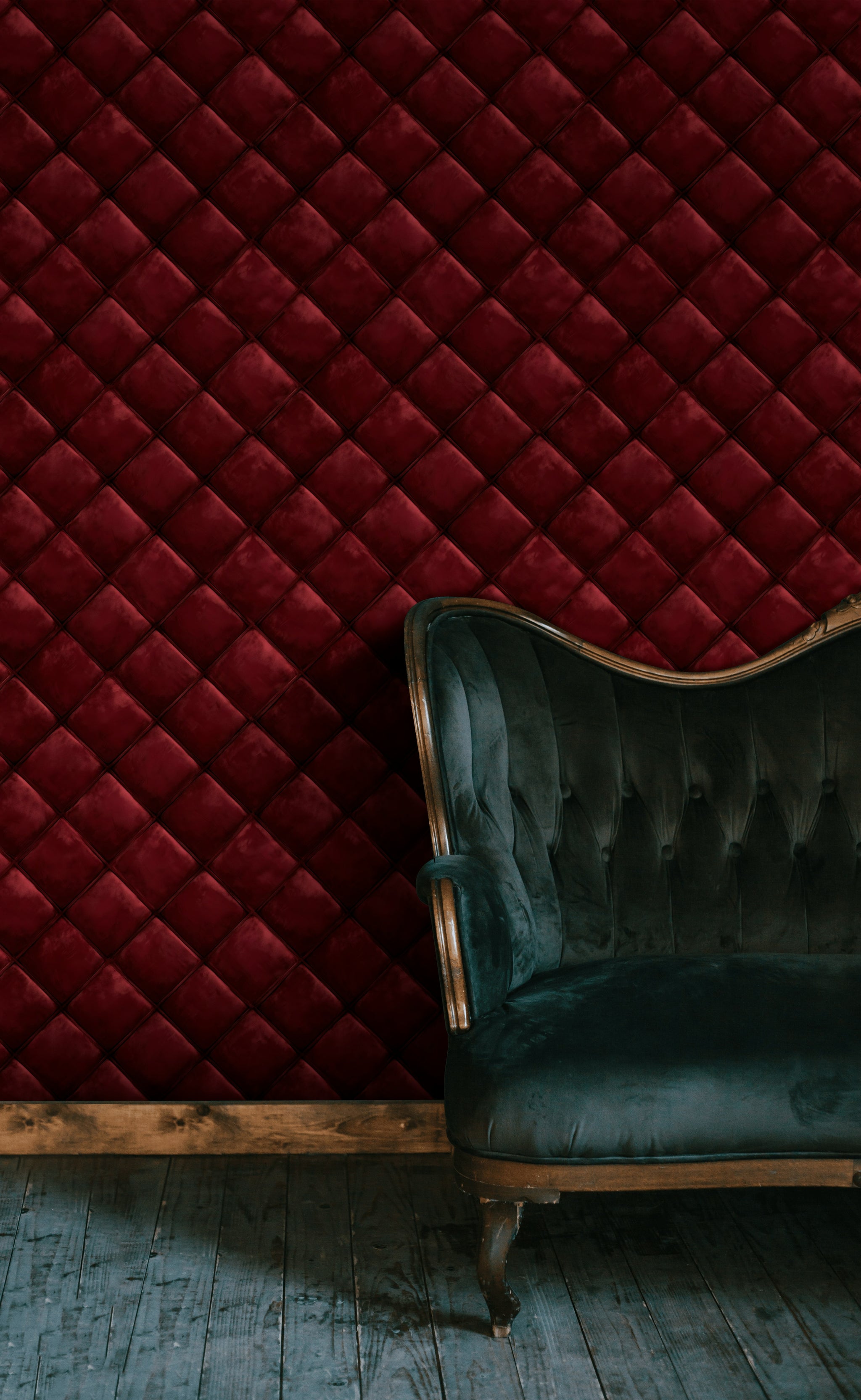 Bordo Kapitone Deri Görünümlü Duvar Kağıdı Modern Salon