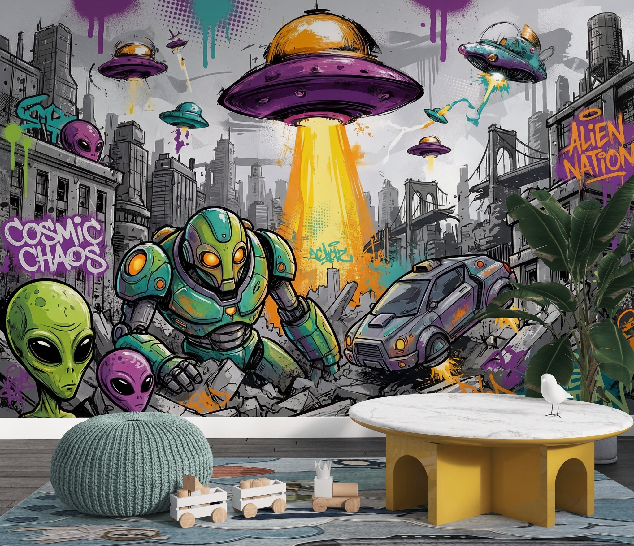 Uzaylı ve Robot Graffiti Poster Duvar Kağıdı Mor Yeşil