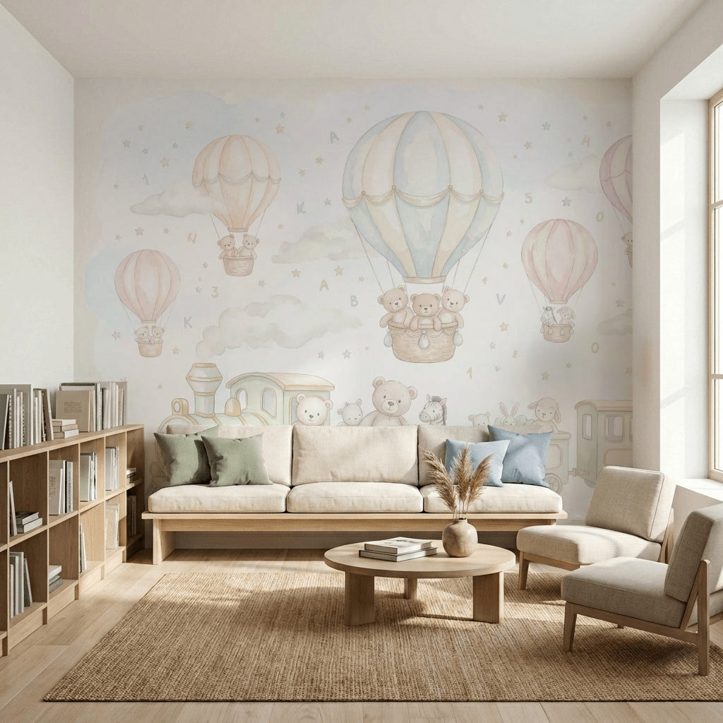 Balon ve Trenli Poster Duvar Kağıdı Pastel Çocuk Odası