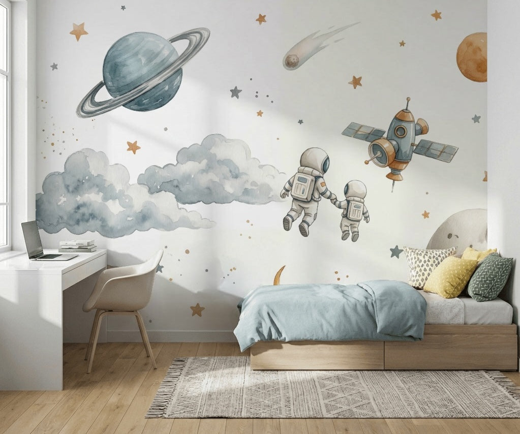 Uzay Temalı Poster Duvar Kağıdı Astronotlu Gezegen Desenli Çocuk Odası