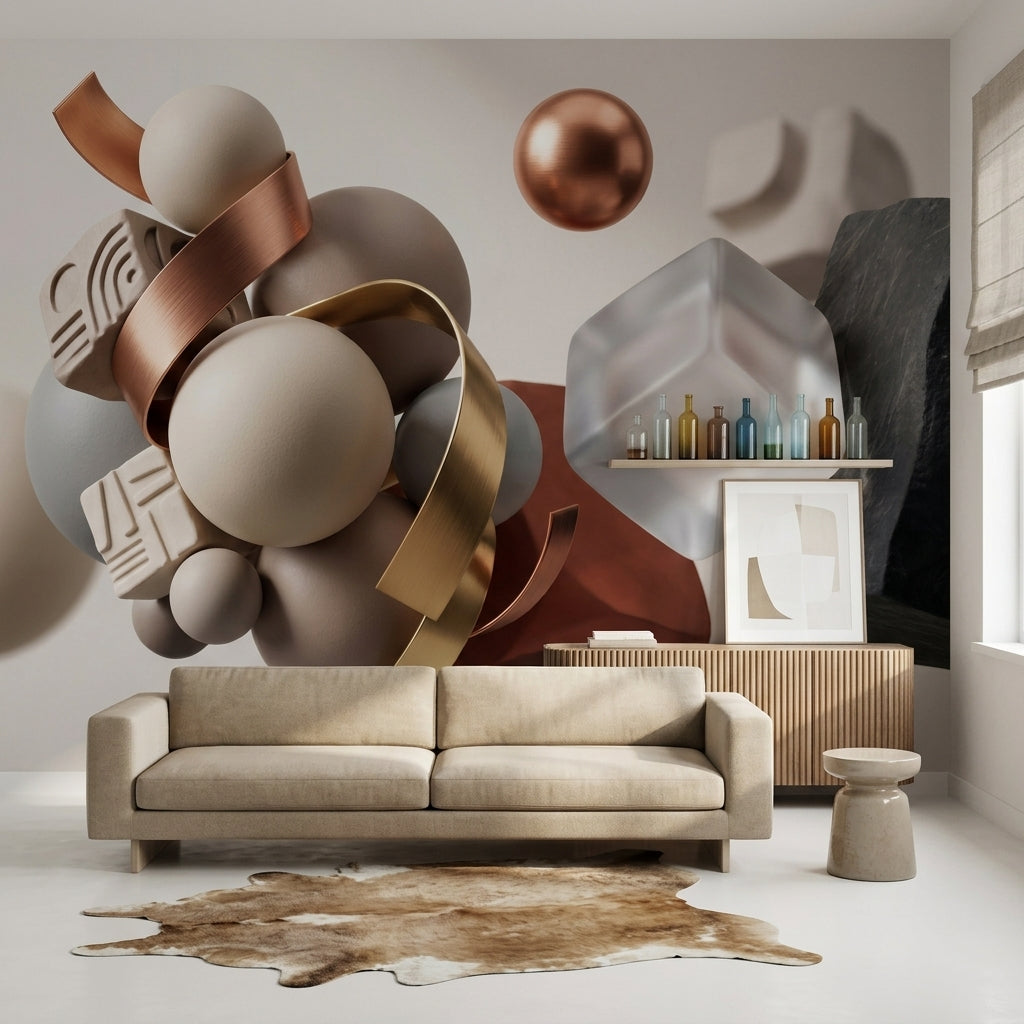 3 Boyutlu Geometrik Poster Duvar Kağıdı Bej Bronz Salon
