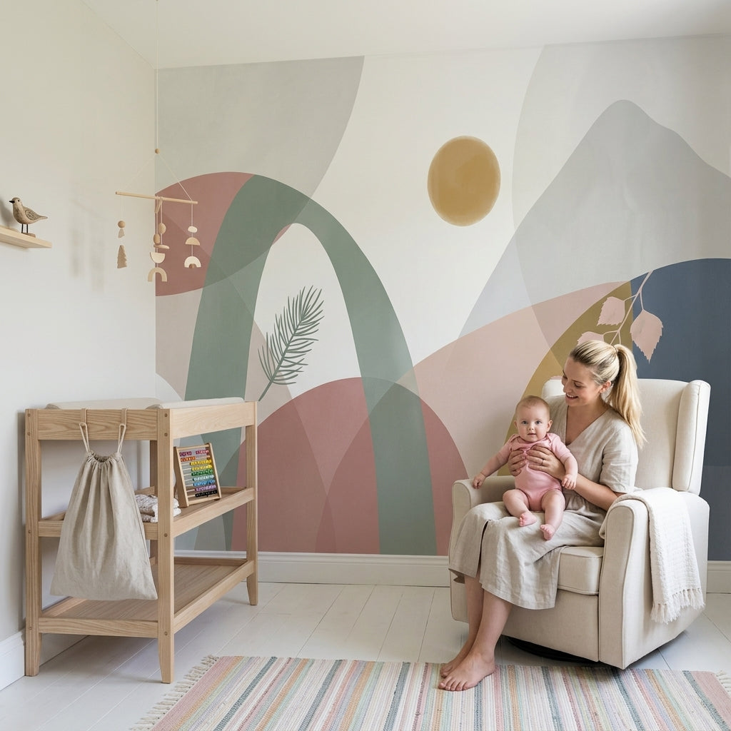Pastel Soyut Geometrik Poster Duvar Kağıdı Bej Salon Duvarı