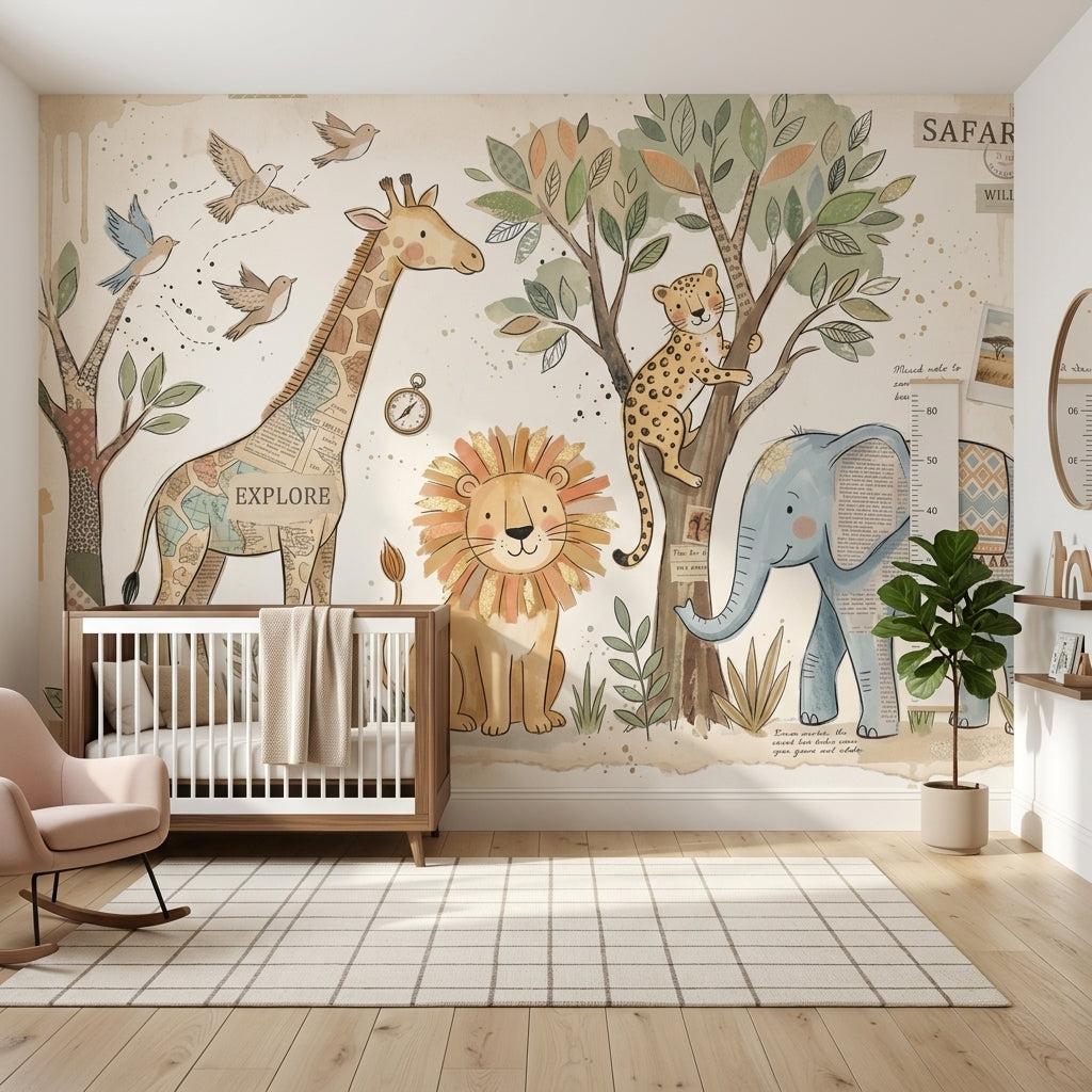 Safari Hayvanlı Poster Duvar Kağıdı Pastel Çocuk Odası Desenli