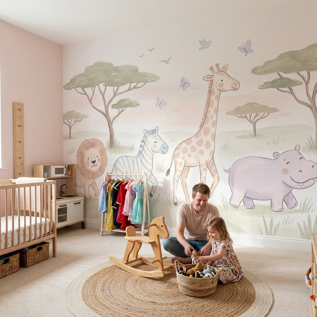 Safari Hayvanlı Poster Duvar Kağıdı Pastel Çocuk Odası Duvarı